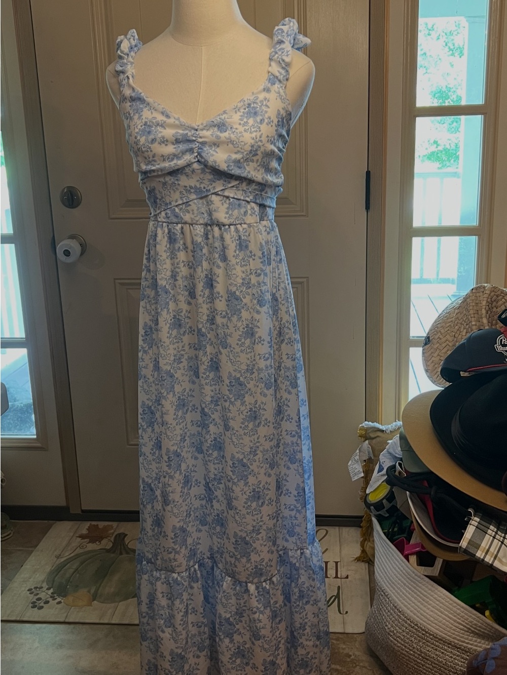 Altar'd State Light Blue Floral Ruffle-Strap Maxi Dress